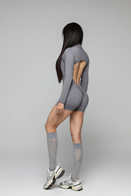 Reyna Women's Grey Backless One-Piece Yoga Suit – Hollow Waist